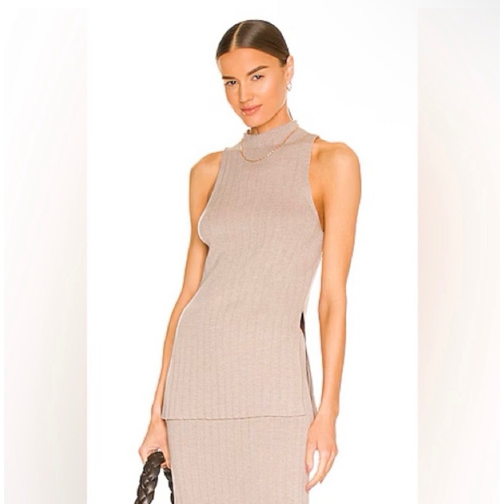Weekend Stories Saskia Wool Ribbed Mock Neck Tunic Top Tan XS